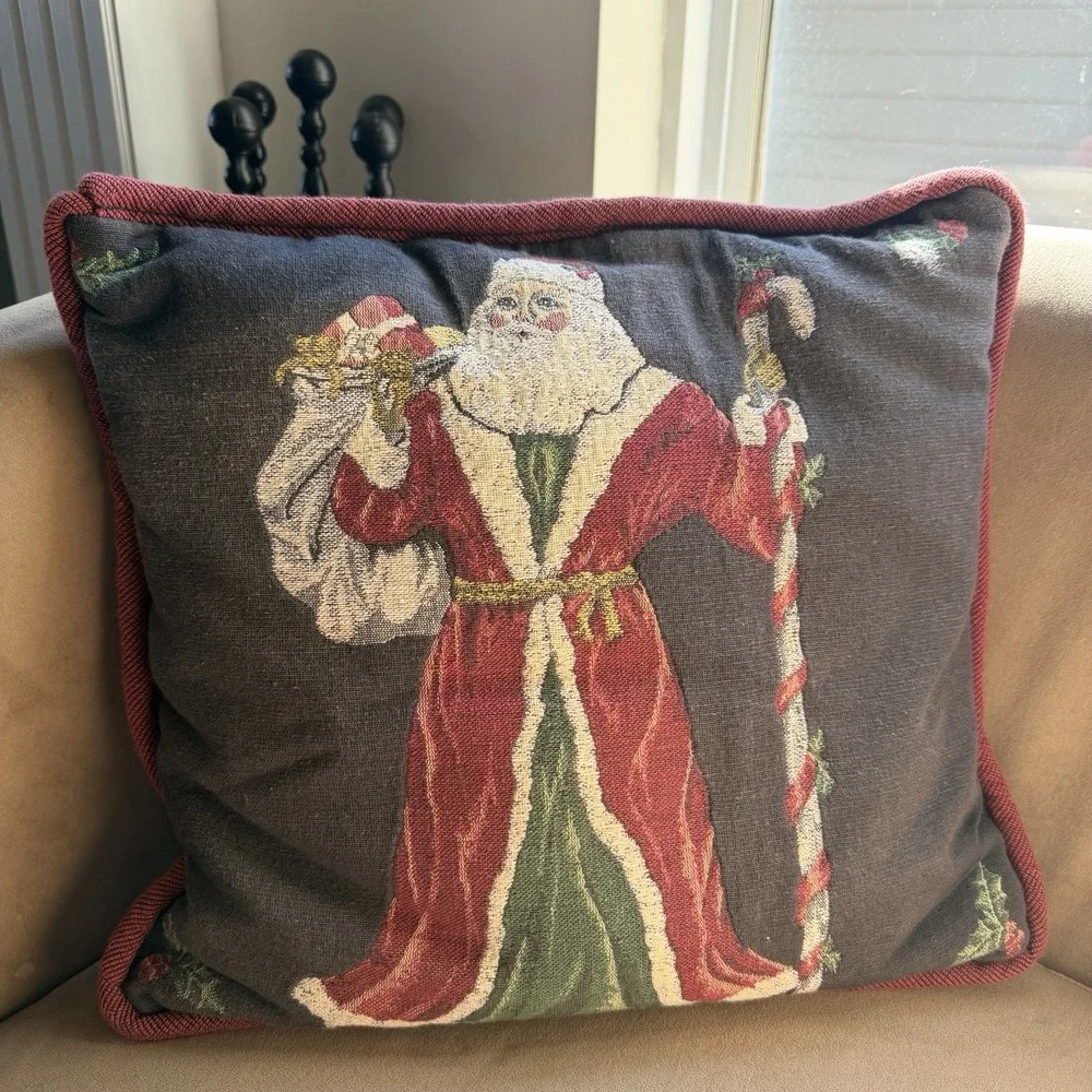Vintage Jacquard Woven Tapestry Old World Santa Claus Pillow 14